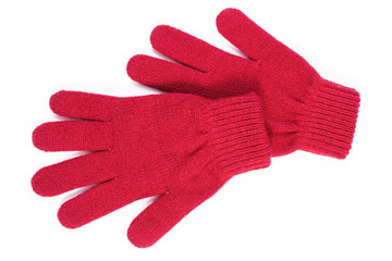 Pair of woolen gloves for woman on white background - obrazy, fototapety, plakaty