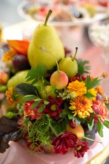 Table served sweet dessert and fruits