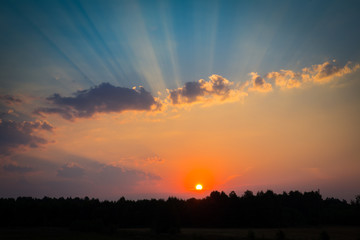 The sun's rays on the background of the morning