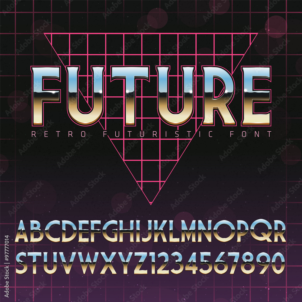 Poster shiny chrome alphabet in 80s retro futurism style. vector font on cityscape background