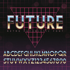 Shiny Chrome Alphabet in 80s Retro Futurism style. Vector font on cityscape background