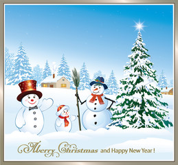    Happy New Year. Christmas tree and funny snowman on the background of a winter landscape
