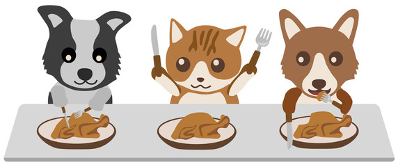 テーブルでゴハンを食べる犬と猫