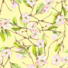 A seamless floral pattern with an ornament of an apple tree branch with the tender pink blooming flowers and green leaves, painted in a watercolor on a yellow background
