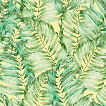 A seamless pattern with the branches of the leaves of a palm painted in watercolor on a yellow background