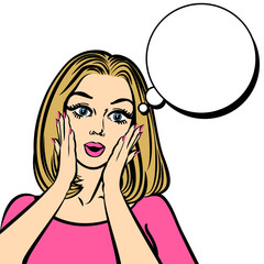 Woman with a surprised look, pin-up girl looking with open mouth
