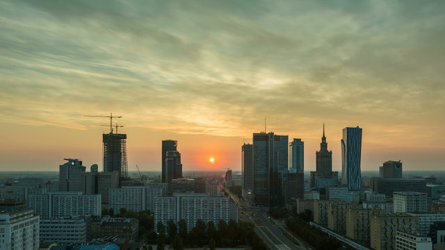 Warsaw Skyline at Sunrise, City Timelapse, Polish Capital