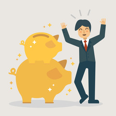 Double golden piggy bank. Saving money illustration concept.