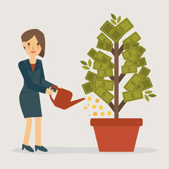 Business Woman Watering Money Plant. Investment concept flat design illustration.