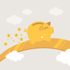 Golden piggy bank run on the wealthy road. Investment concept cartoon illustration