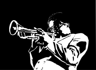 JAZZ  man playing the trumpet, music vintage illustration, engraved retro style