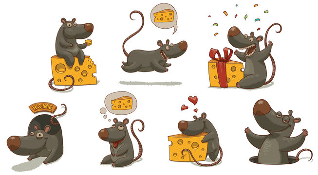 Vector Mouse and cheese set. Cartoon image of seven funny gray mice with yellow pieces of cheese in various poses on a light background.