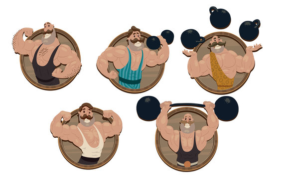 Vector Retro athletes emblems set. Cartoon image of five round emblems with retro athletes in sports leotards in various poses with black dumbbells on a light background.