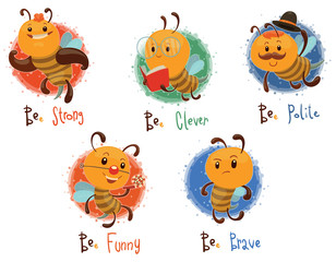 Naklejka premium Vector Set of bees. Cartoon image of five different funny yellow bees in various poses on a light background.