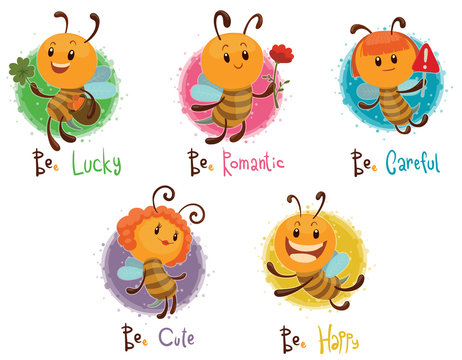 Vector Set of five bees. Cartoon image of five different funny yellow bees in various poses on a light background. 
