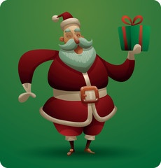 Vector cartoon image of cute Santa Claus with a white beard in a red suit and hat standing with a green gift in his hand on a green background.