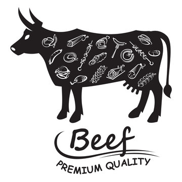 monochrome illustration with meat products on the background of the cow