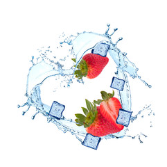 Water splash with fruits and ice cube isolated on white backgroud. Fresh strawberry