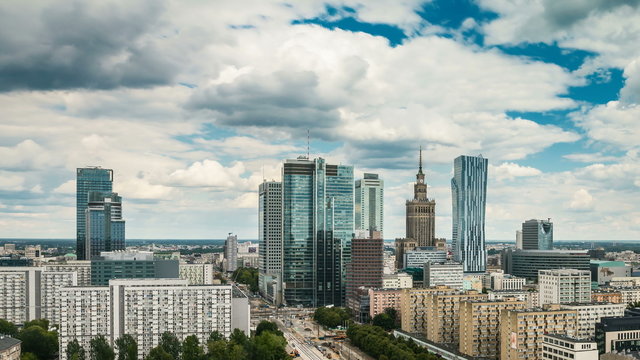 Warsaw Skyline City Timelapse with cloud Dynamic, Poland