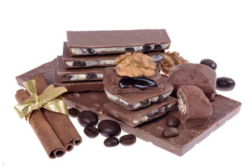 chocolate with nuts isolated on white background.Selective focus.