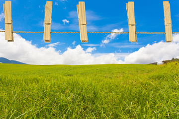 corde à linge sur fond de campagne