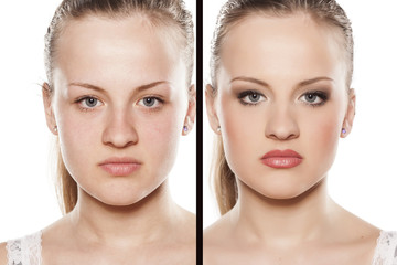 Comparison portrait of a woman without and with makeup