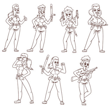 Vector Police women set, line art. Line cartoon image of seven different police women in various poses, with different attributes on a white background.