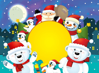 Christmas happy scene with different animals and santa - illustration for the children