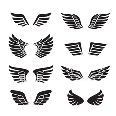 Wings black icons vector set (silhouettes). Modern minimalistic design.
