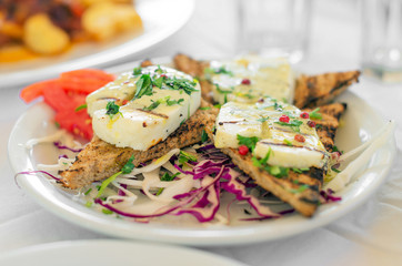 Fried Halloumi cheese with roasted bread.
