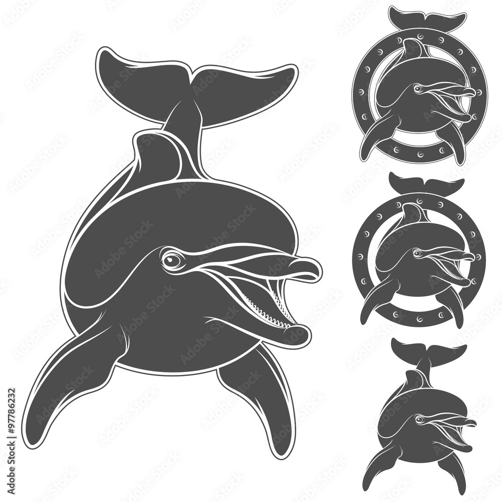 Poster set of emblem with the logo of a dolphin. isolated objects on a white background