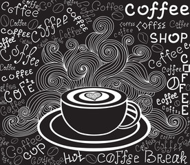 Endless food vector texture with coffee cup, curls and words "Coffee" handwritten by chalk on grey board. Food and drink vector seamless pattern