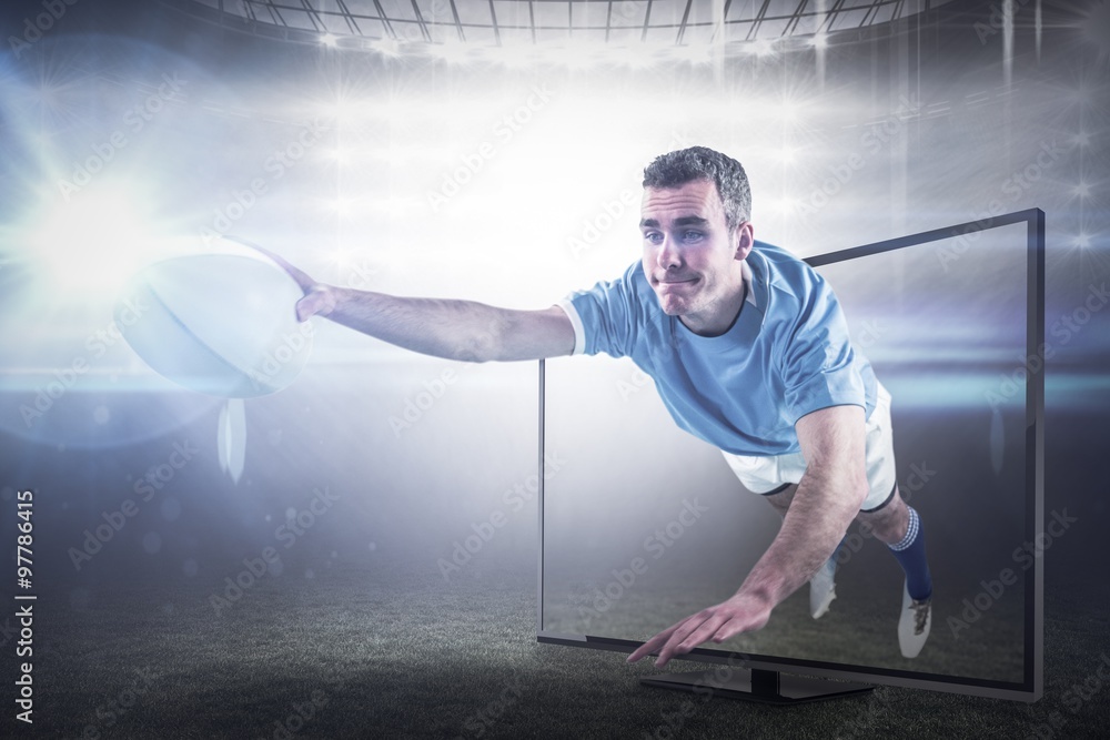Poster composite image of a rugby player scoring a try