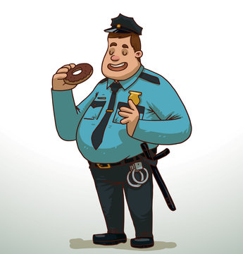 Vector cartoon image of fat policeman with brown hair in light blue shirt, black pants, tie, hat, with black baton, handcuffs on belt, gold badge on chest, brown donut in hand on light background.