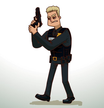 Vector cartoon image of a policeman with blond hair in a black shirt, pants and tie, black bulletproof vest, a gold badge on his chest and a black gun in his hand on a light background.