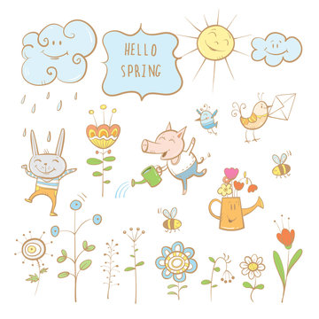 Vector spring set. Cartoon animals and plants.