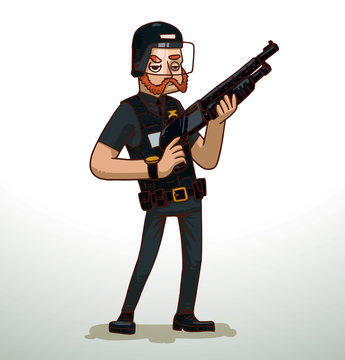 Vector cartoon image of a policeman with red hair and mustache in a black shirt, pants, tie, bulletproof vest, helmet, a gold badge on his chest and a black shotgun in hands on a light background.