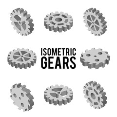 Set of eight isometric gears isolated on a white background. Isometric vector illustration. Set of 3D techno icons. Details of the mechanism. Engineering concept