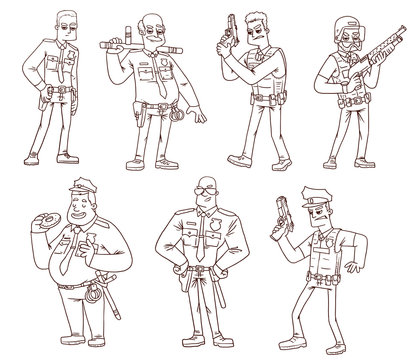 Vector Policemen set, line art. Line cartoon image of seven different policemen in various poses, with different attributes on a white background.
