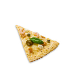 Delicious seafood pizza piece with olives