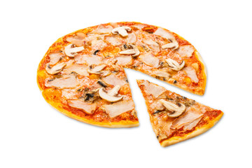 Delicious pizza with mushrooms and smoked chicken