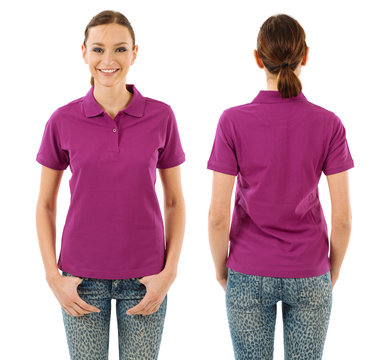 Happy Woman With Blank Purple Polo Shirt