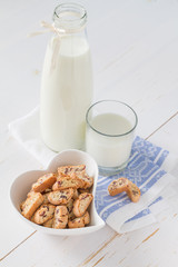 Milk and cookies on white background