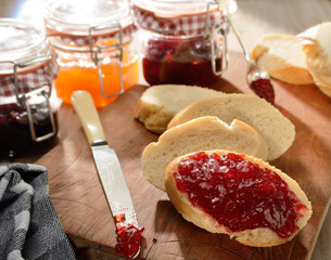 Home-made strawberry jam on French bread slice