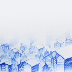Watercolor illustration of many houses under the snow