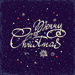 Merry Christmas hand lettering isolated on dark background. Vector image. Greeting card.