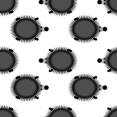 Seamless vector pattern with animals, black and white background with hedgehogs, over white backdrop.