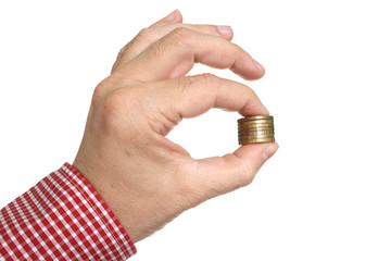 Hand hold the stack of coins