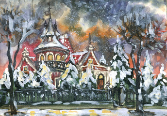 mansion on the evening of winter street. Painting