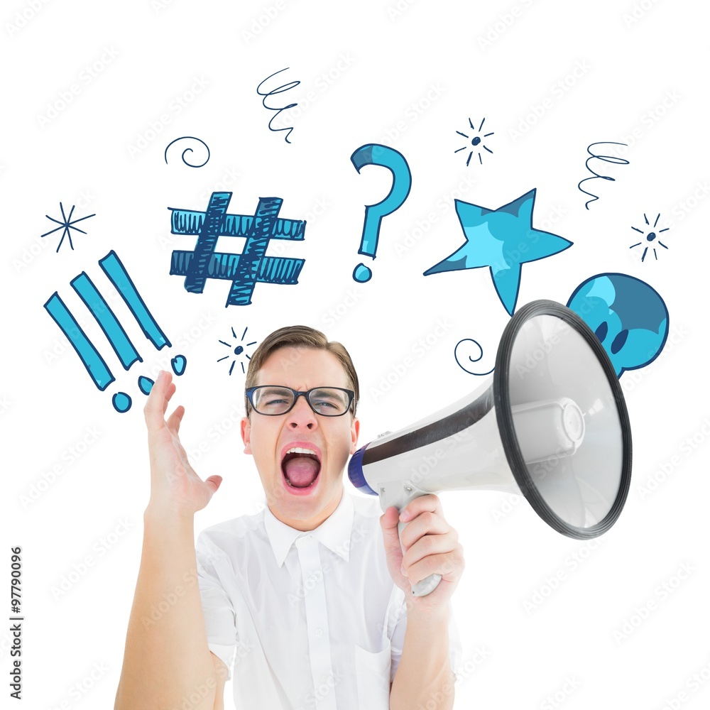 Poster composite image of geeky businessman shouting through megaphone